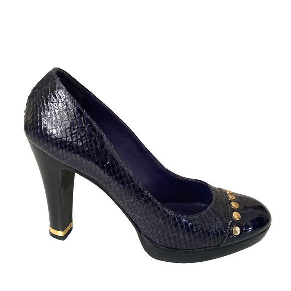 Tory Burch Purple Round Toe Snake Embossed Pump Heel Gold Studs Platform 9.5 M - Picture 1 of 10